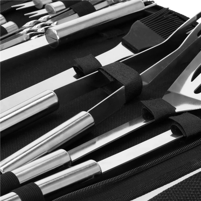 Set accesorii gratar inox 20 piese cu furculita spatula cleste perie, rezistente la caldura, husa transport inclusa [8]