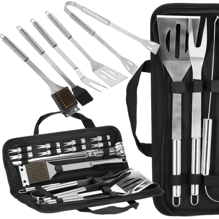 Set accesorii gratar inox 20 piese cu furculita spatula cleste perie, rezistente la caldura, husa transport inclusa [27]