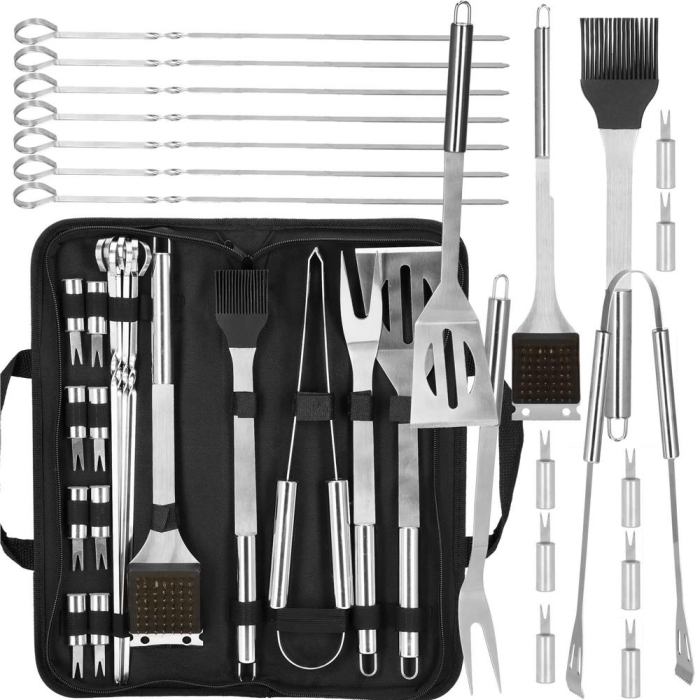 Set accesorii gratar inox 20 piese cu furculita spatula cleste perie, rezistente la caldura, husa transport inclusa [29]