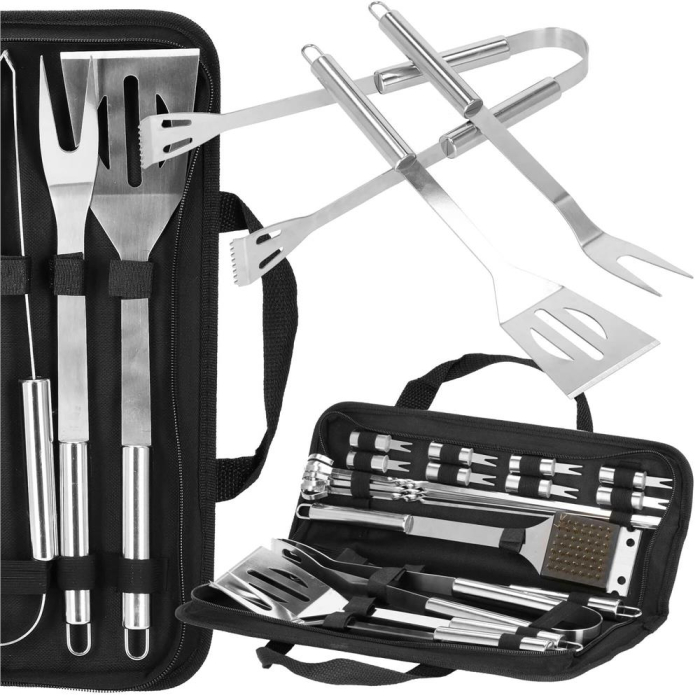 Set accesorii gratar inox 20 piese cu furculita spatula cleste perie, rezistente la caldura, husa transport inclusa [26]