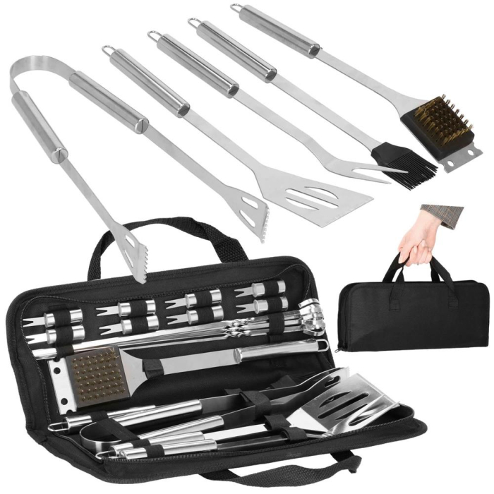Set accesorii gratar inox 20 piese cu furculita spatula cleste perie, rezistente la caldura, husa transport inclusa [25]