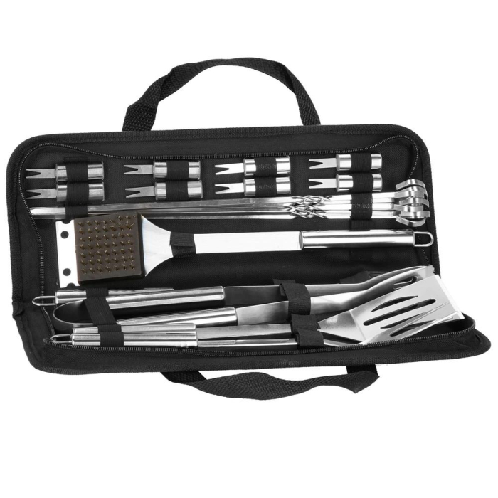 Set accesorii gratar inox 20 piese cu furculita spatula cleste perie, rezistente la caldura, husa transport inclusa [11]