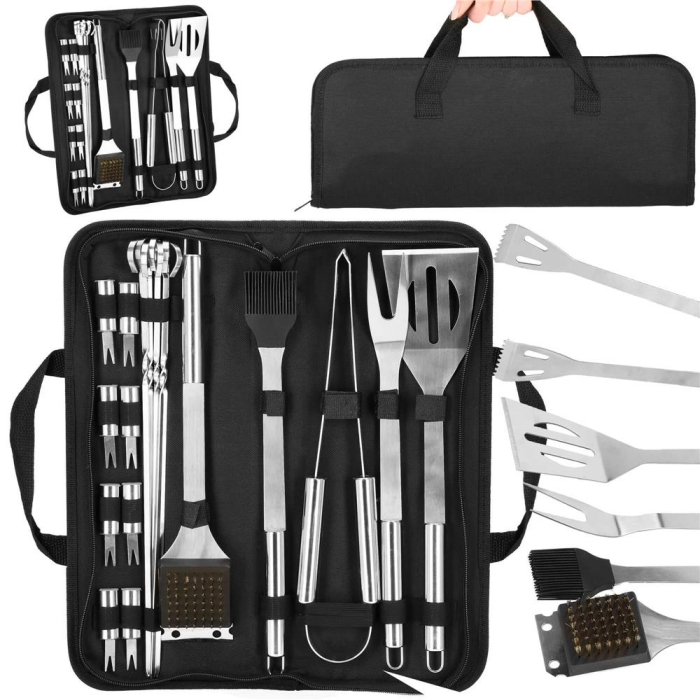 Set accesorii gratar inox 20 piese cu furculita spatula cleste perie, rezistente la caldura, husa transport inclusa [2]