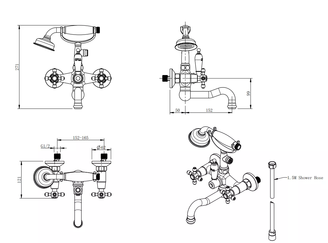 Set baterie cada FDesign Lacrima FD1-LRA-11-66, 1/2'', retro, aparenta, diverter, 1 pulverizare, set de dus, mat, bronz [2]