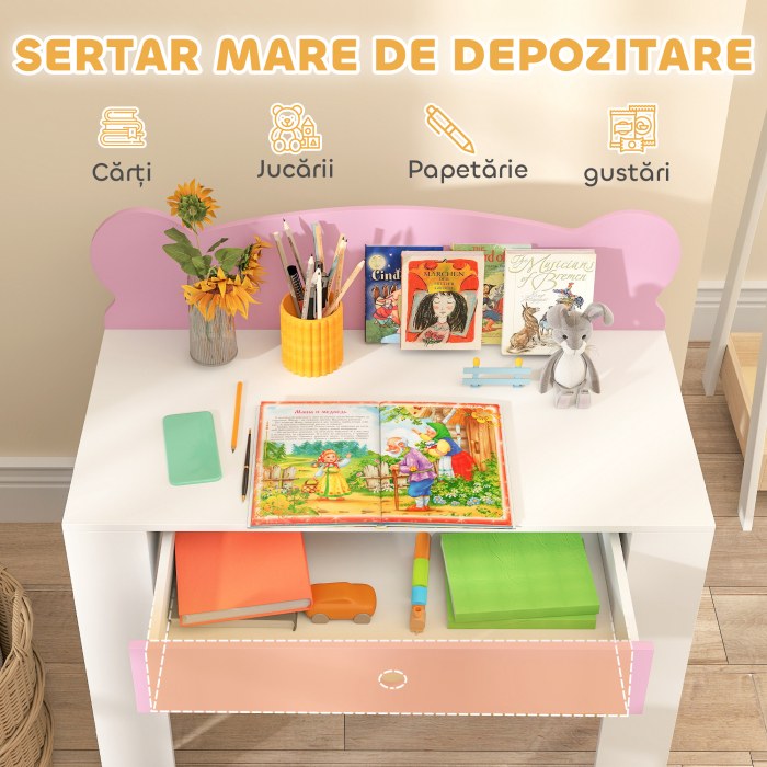  Set Birou cu Sertar si Scaun pentru Copii cu Ursulet 3-8 Ani Roz [5]