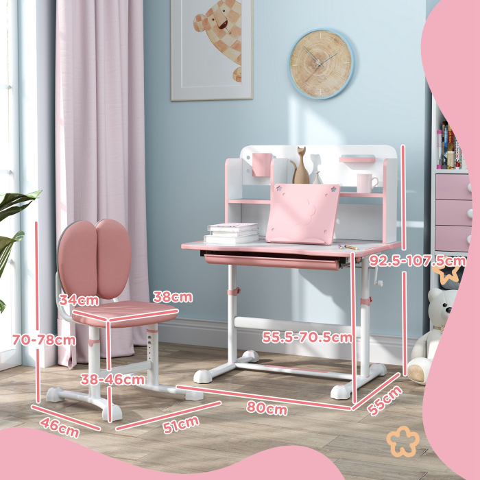  Set Birou pentru Copii 3-12 Ani Reglabil pe inaltime si Blat inclinabil la 45°, 80x55x107.5 cm, Culoare Roz [3]