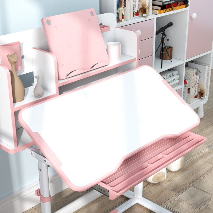  Set Birou pentru Copii 3-12 Ani Reglabil pe inaltime si Blat inclinabil la 45°, 80x55x107.5 cm, Culoare Roz [8]