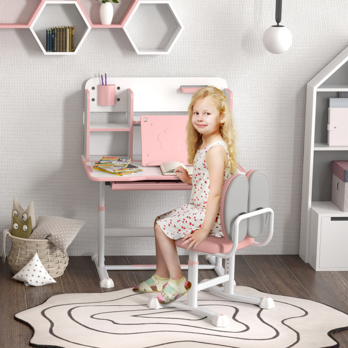  Set Birou pentru Copii 3-12 Ani Reglabil pe inaltime si Blat inclinabil la 45°, 80x55x107.5 cm, Culoare Roz [2]