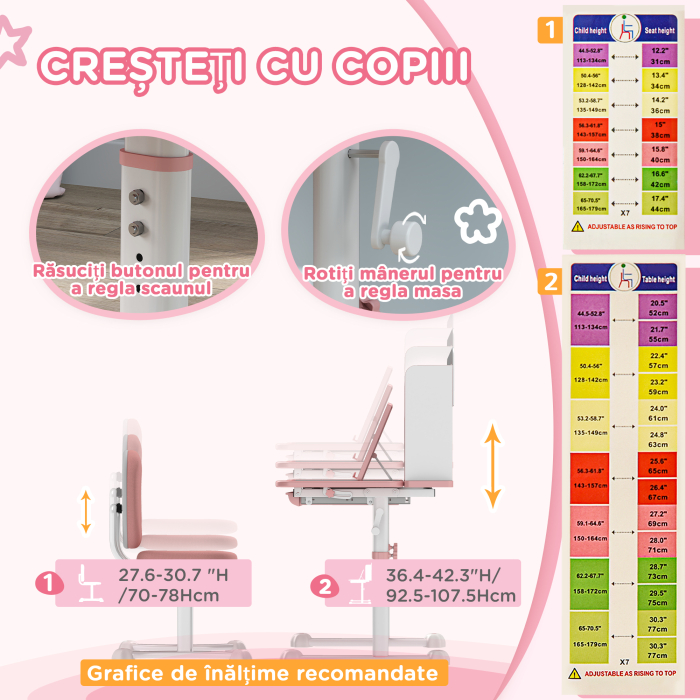  Set Birou pentru Copii 3-12 Ani Reglabil pe inaltime si Blat inclinabil la 45°, 80x55x107.5 cm, Culoare Roz [5]