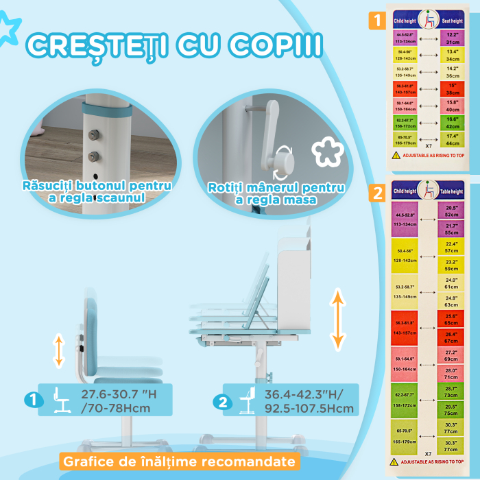  Set Birou si Scaun pentru Copii 3-12 Ani, Reglabil pe inaltime cu Blat inclinabil 0-45° 80×55×107,5 cm, Albastru [5]