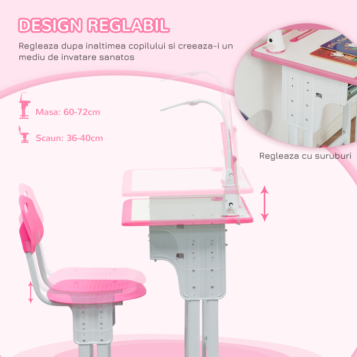  Set Birou si Scaun pentru Copii 6-12 Ani, inaltime Reglabila, Lampa LED, Sertar Depozitare, Suport Carti, Birou Ergonomic pentru Studiu, Roz [7]
