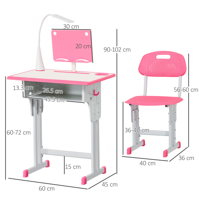  Set Birou si Scaun pentru Copii 6-12 Ani, inaltime Reglabila, Lampa LED, Sertar Depozitare, Suport Carti, Birou Ergonomic pentru Studiu, Roz [3]
