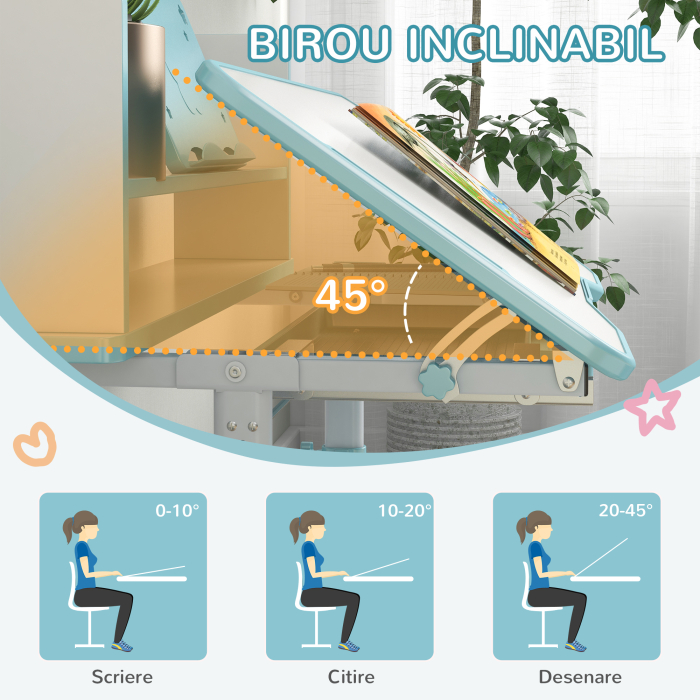  Set Birou si Scaun pentru Copii Reglabil in Inaltime Birou de Studiu pentru Copii pentru Scoala cu Sertar Raft pentru Carti Masa cu Unghi Reglabil [7]
