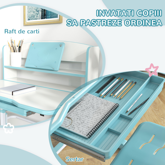  Set Birou si Scaun pentru Copii Reglabil in Inaltime Birou de Studiu pentru Copii pentru Scoala cu Sertar Raft pentru Carti Masa cu Unghi Reglabil [5]