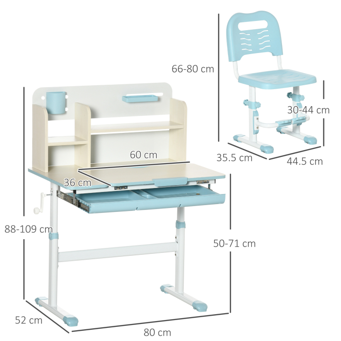  Set Birou si Scaun pentru Copii Reglabile, Inclinabila la 60° cu Sertar, Rafturi si Suport, 3+ Ani, Albastru [3]