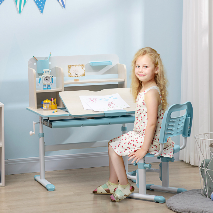  Set Birou si Scaun pentru Copii Reglabile, Inclinabila la 60° cu Sertar, Rafturi si Suport, 3+ Ani, Albastru [2]