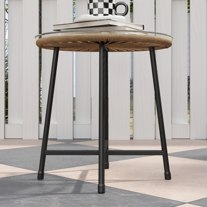  Set Bistro din 3 Piese cu Masuta de Cafea cu Blat de Sticla si 2 Scaune, Φ45x46 cm, Natural [9]
