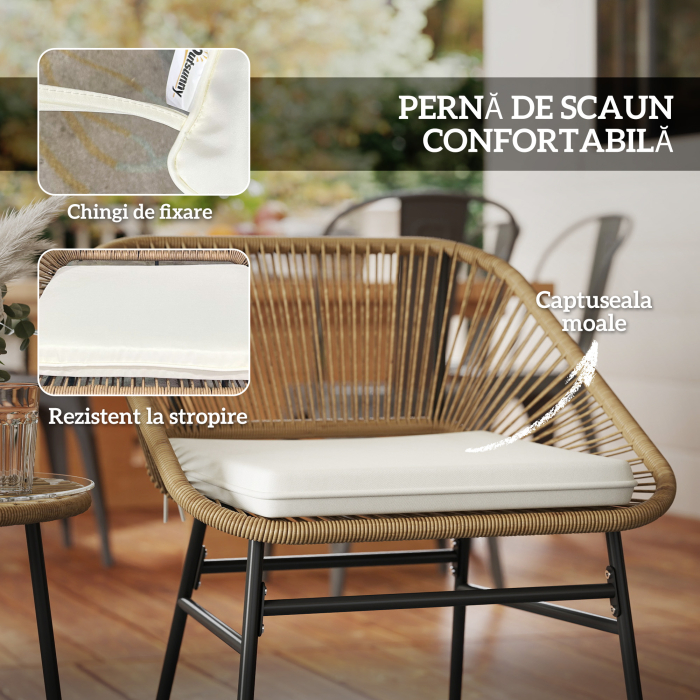  Set Bistro din 3 Piese cu Masuta de Cafea cu Blat de Sticla si 2 Scaune, Φ45x46 cm, Natural [6]