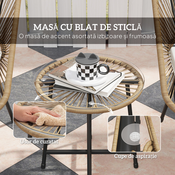  Set Bistro din 3 Piese cu Masuta de Cafea cu Blat de Sticla si 2 Scaune, Φ45x46 cm, Natural [7]