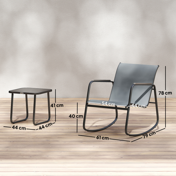  Set Bistro din 3 Piese, Set de Gradina cu 2 Scaune de Exterior cu Miscare de Leganare din Textilena Respirabila, Masa cu Blat din Sticla, Set Masa si Scaune din Otel pentru Terasa si Balcon, Gri [3]
