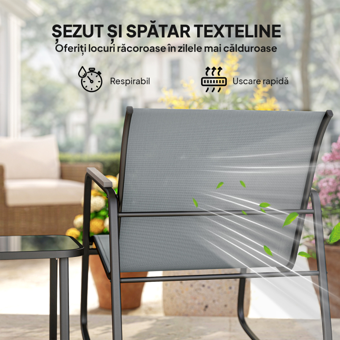  Set Bistro din 3 Piese, Set de Gradina cu 2 Scaune de Exterior cu Miscare de Leganare din Textilena Respirabila, Masa cu Blat din Sticla, Set Masa si Scaune din Otel pentru Terasa si Balcon, Gri [6]