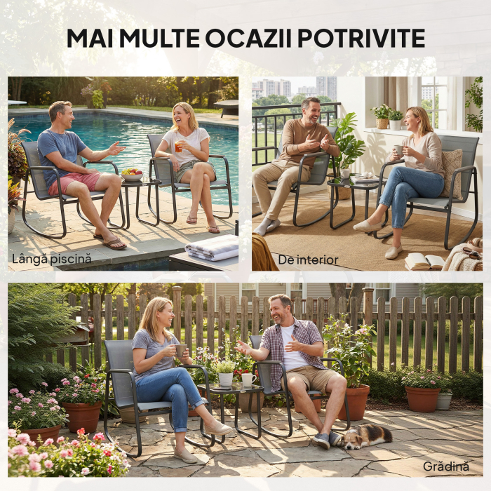  Set Bistro din 3 Piese, Set de Gradina cu 2 Scaune de Exterior cu Miscare de Leganare din Textilena Respirabila, Masa cu Blat din Sticla, Set Masa si Scaune din Otel pentru Terasa si Balcon, Gri [8]