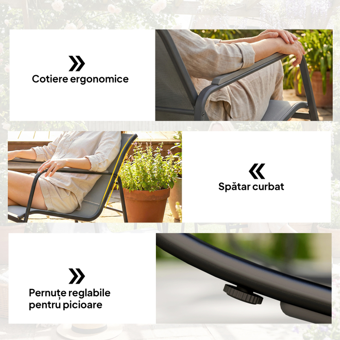  Set Bistro din 3 Piese, Set de Gradina cu 2 Scaune de Exterior cu Miscare de Leganare din Textilena Respirabila, Masa cu Blat din Sticla, Set Masa si Scaune din Otel pentru Terasa si Balcon, Gri [9]