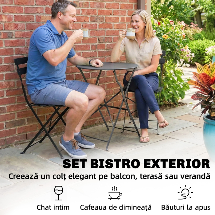  Set Bistro Exterior, Mobilier Pliabil cu Masa si 2 Scaune, Negru [4]