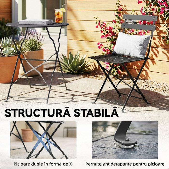  Set Bistro Exterior, Mobilier Pliabil cu Masa si 2 Scaune, Negru [8]