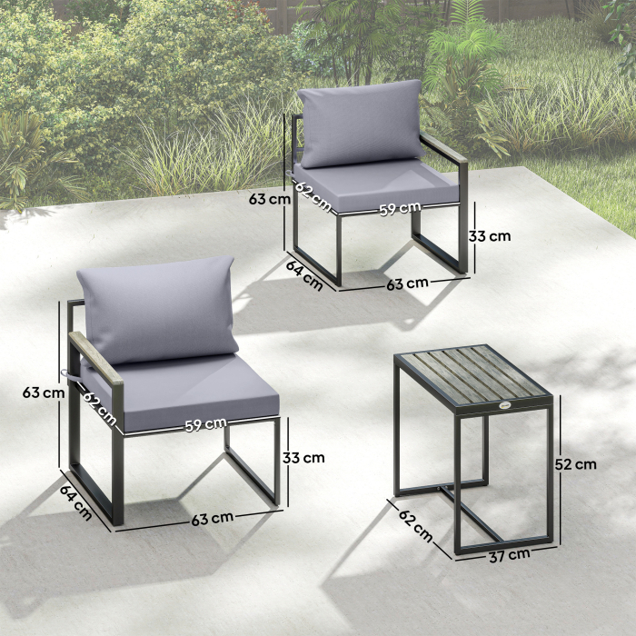  Set Bistro Gradina 3 Piese pentru 2 Persoane, Masa si Scaune Exterior cu sezut Textilen si Perne, Gri [3]