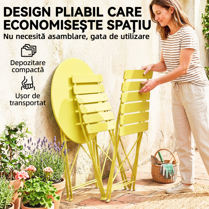  Set Bistro, Masa si Scaune Pliabile pentru 2, Gradina, Galben. [6]