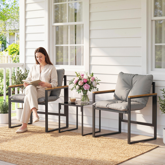  Set Bistro pentru 2 Persoane, Set din 3 Piese pentru Gradina cu Cadrul din Metal si Perne Groase [2]