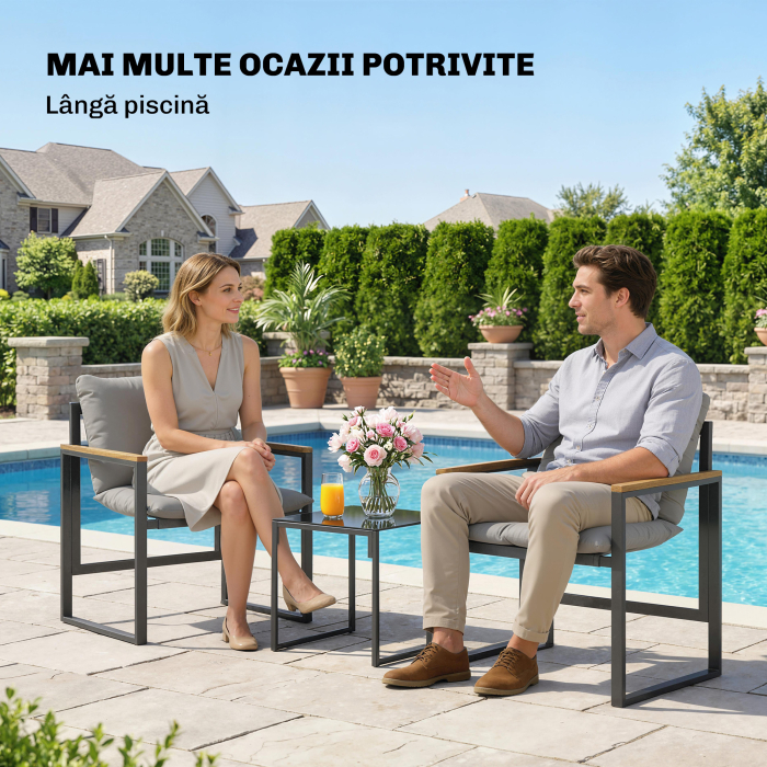  Set Bistro pentru 2 Persoane, Set din 3 Piese pentru Gradina cu Cadrul din Metal si Perne Groase [8]