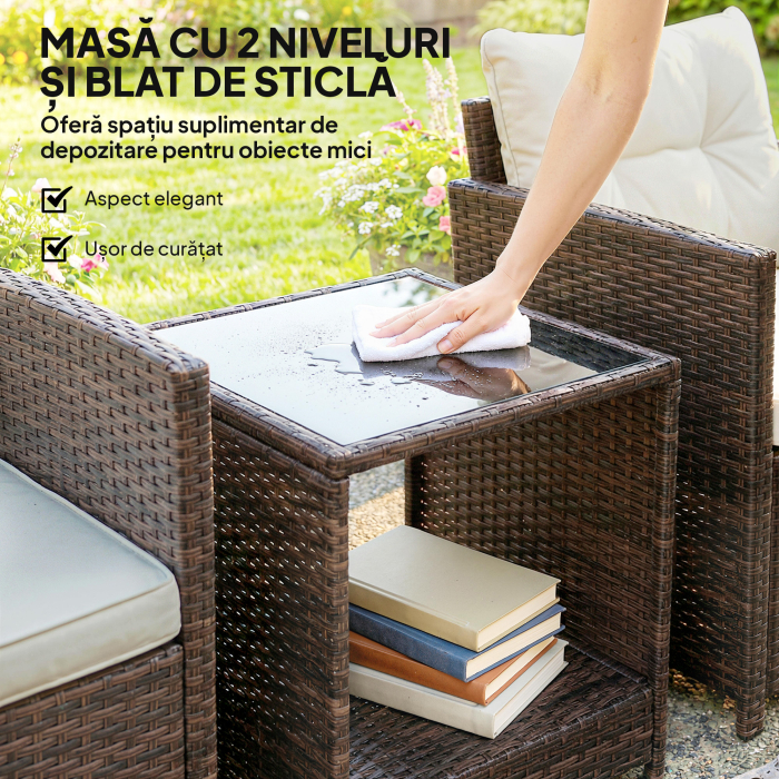 Set Bistro pentru Exterior 3 Piese din Ratan cu Masuta pe 2 Niveluri, Perne pentru Balcon si Terasa, Maro si Crem [7]