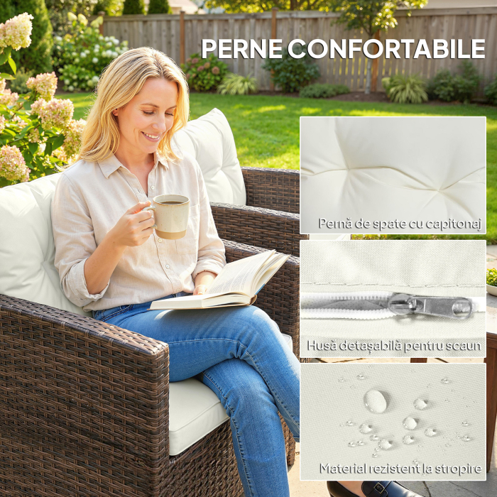  Set Bistro pentru Exterior 3 Piese din Ratan cu Masuta pe 2 Niveluri, Perne pentru Balcon si Terasa, Maro si Crem [6]