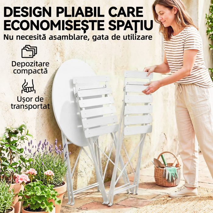  Set Bistro Pliabil pentru Exterior cu Masa si 2 Scaune, Alb [5]