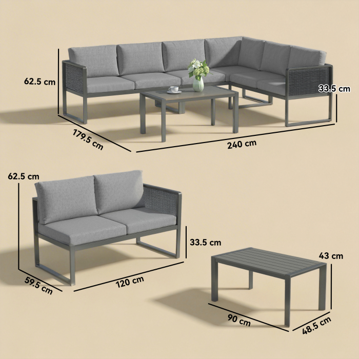  Set canapea coltar de gradina din metal, 3 fotolii, masuta cu efect lemn, gri inchis [3]