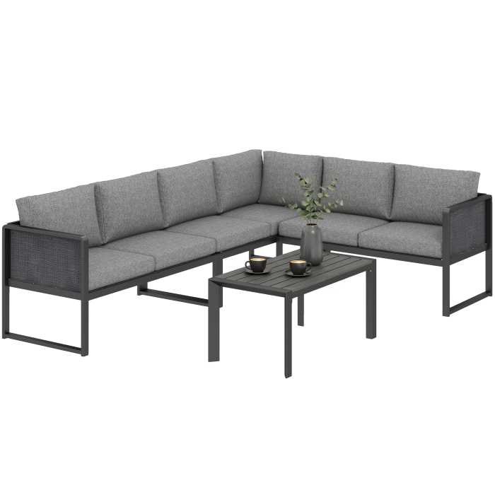  Set canapea coltar de gradina din metal, 3 fotolii, masuta cu efect lemn, gri inchis [7]