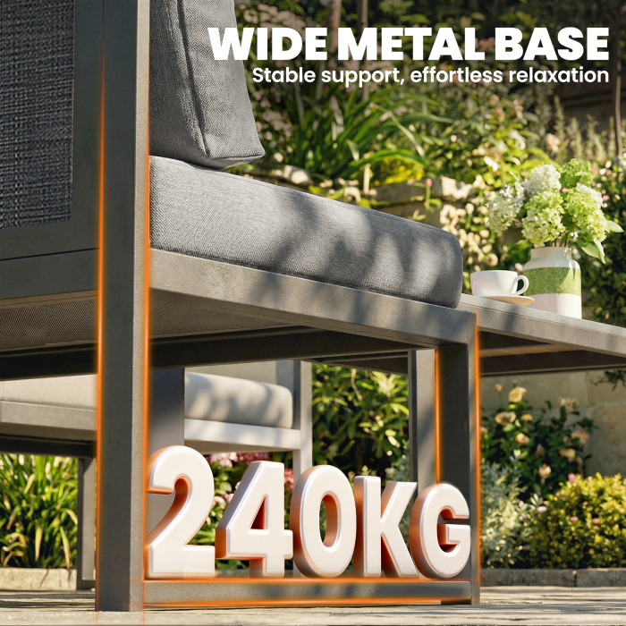  Set canapea coltar de gradina din metal, 3 fotolii, masuta cu efect lemn, gri inchis [4]