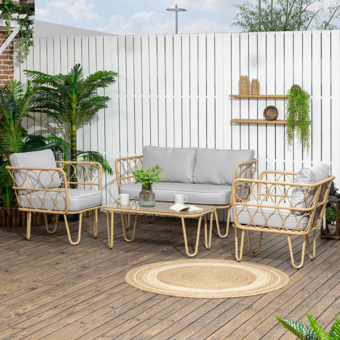  Set canapea din ratan PE din 4 piese, Seturi de mobilier de conversatie pentru gradina impletite, cu impletitura rotunda, cu perne groase capitonate si masuta cu sticla pentru balcon [2]