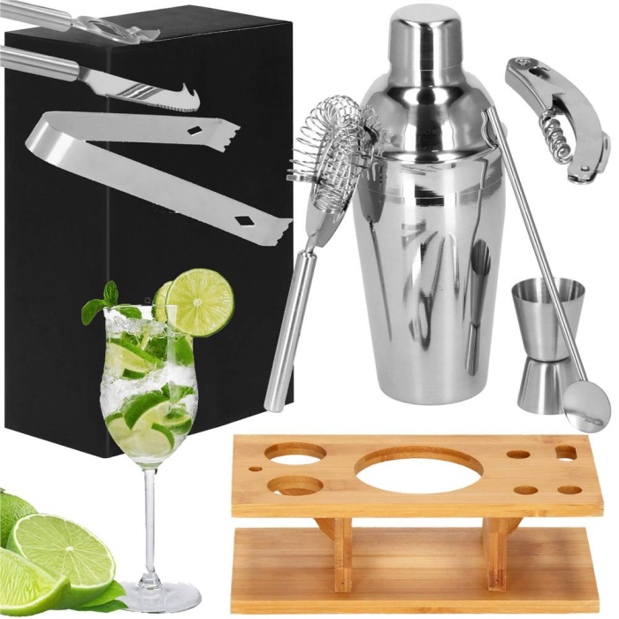 Set Cocktail Shaker Kit pentru barmani 550ml, KI22, suport bambus, 9 piese [25]