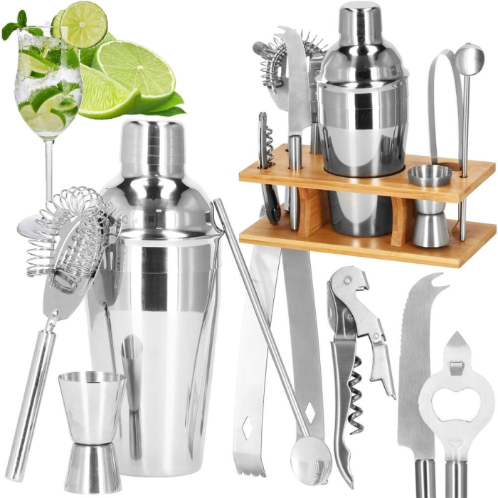 Set Cocktail Shaker Kit pentru barmani 550ml, KI22, suport bambus, 9 piese [3]