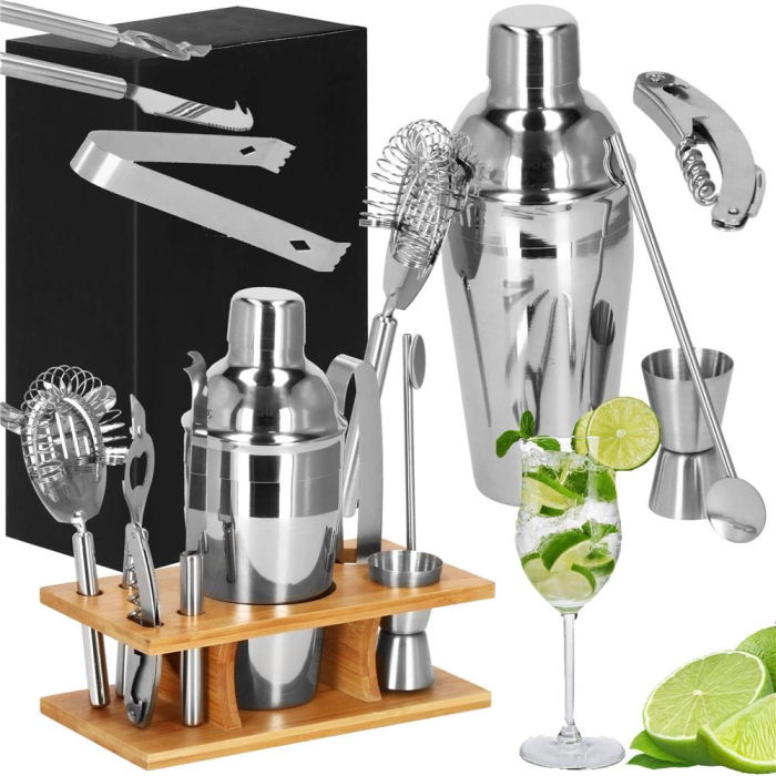 Set Cocktail Shaker Kit pentru barmani 550ml, KI22, suport bambus, 9 piese [24]
