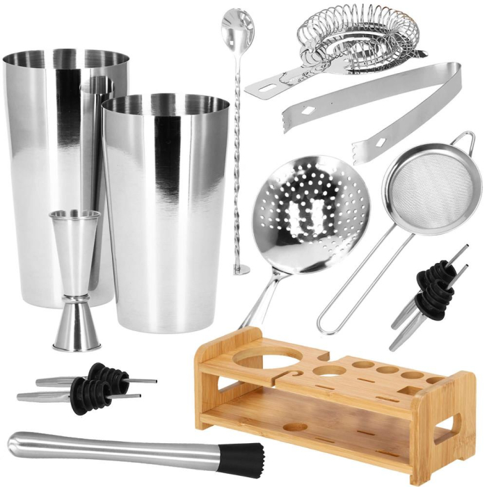 Set Cocktail Shaker Kit pentru barmani 750ml, KI11, suport bambus, 14 piese [4]
