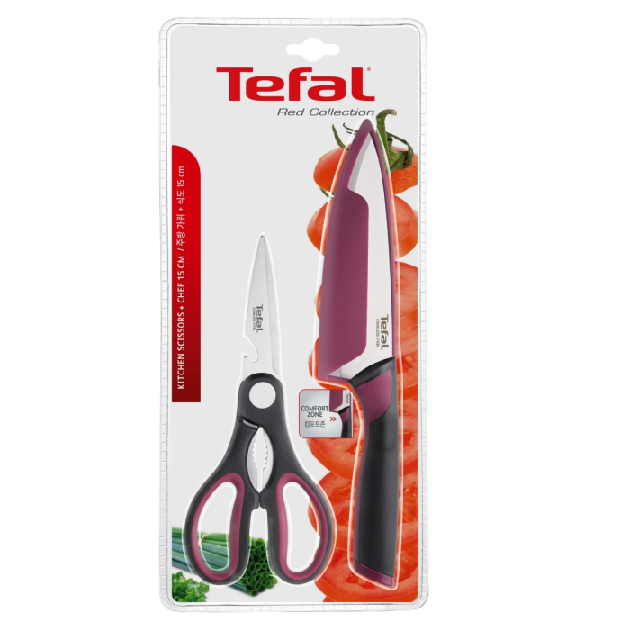 Set cutit si foarfeca Tefal Comfort K250S225, lame din inox, lama 15 cm, manere ergonomice Soft Touch, protectii pentru lame, negru & visiniu [11]