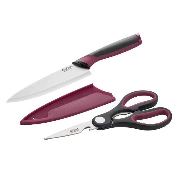 Set cutit si foarfeca Tefal Comfort K250S225, lame din inox, lama 15 cm, manere ergonomice Soft Touch, protectii pentru lame, negru & visiniu [3]