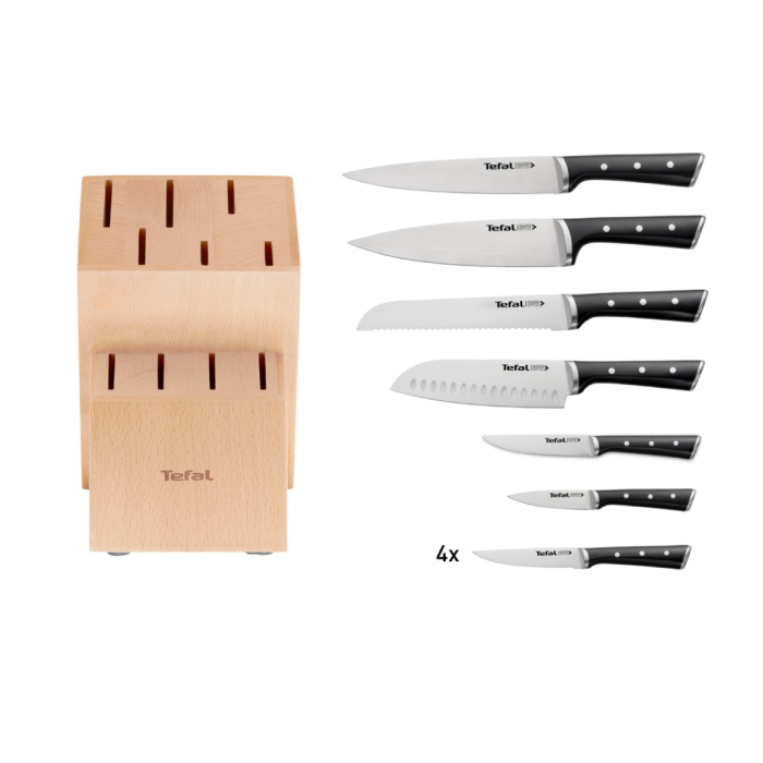 Set de 10 cutite & suport Tefal Ice Force K232SA14, inox german, tehnologie Ice Hardening -120°C, lame ultra-ascutite, suport din lemn, negru & argin [8]