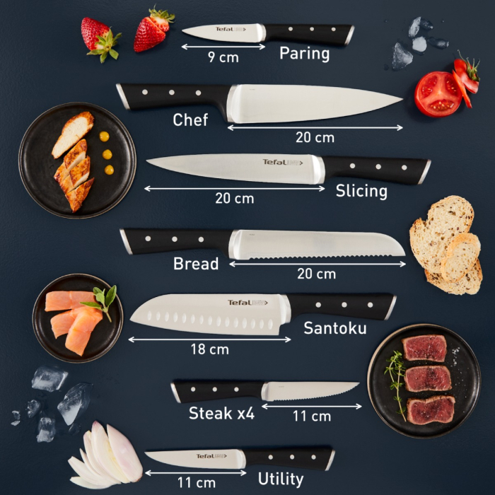 Set de 10 cutite & suport Tefal Ice Force K232SA14, inox german, tehnologie Ice Hardening -120°C, lame ultra-ascutite, suport din lemn, negru & argin [5]