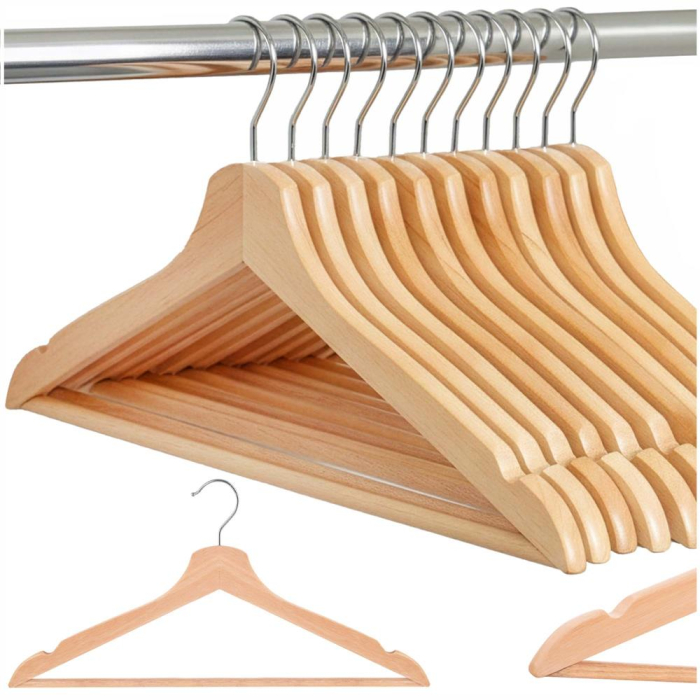 Set de 10 umerase din lemn cu carlig cromat rotativ, forma ergonomica, 43x21 cm, maro natur [3]