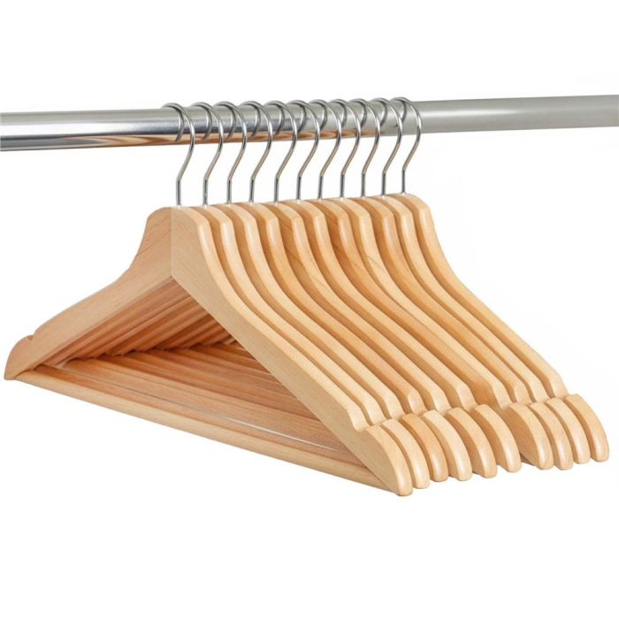 Set de 10 umerase din lemn cu carlig cromat rotativ, forma ergonomica, 43x21 cm, maro natur [2]